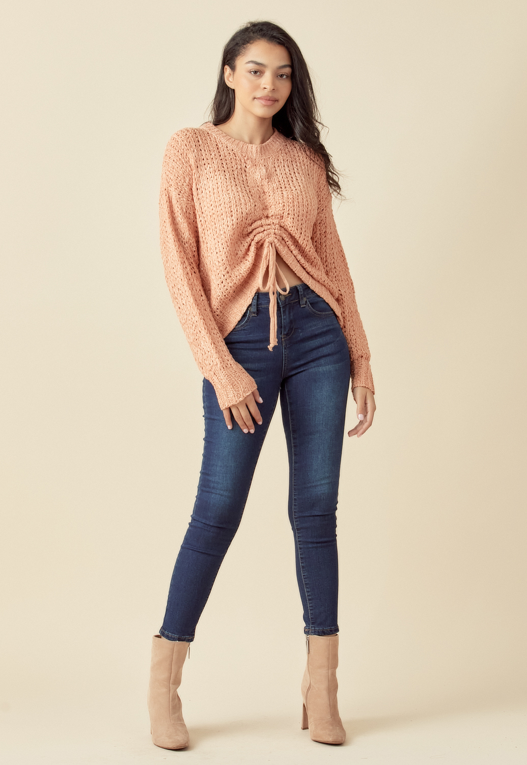 Ruched Detail Open-Knit Top 
