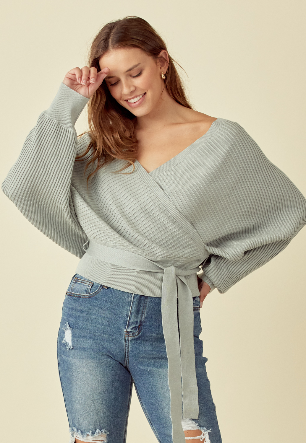 Tie Front Wrap Knit Sweater