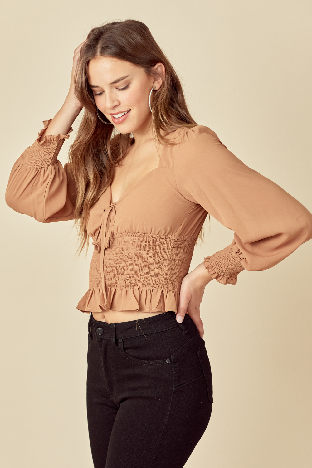 Smocked Waist Lace Up Detail Top 