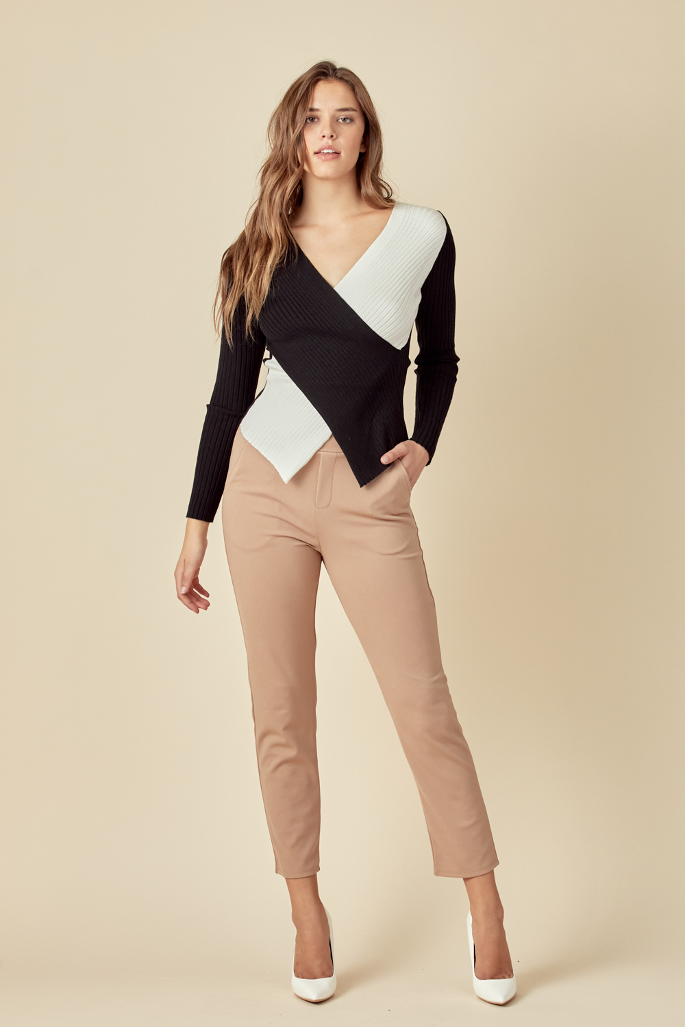 Ribbed Color Block Long Sleeve Top 