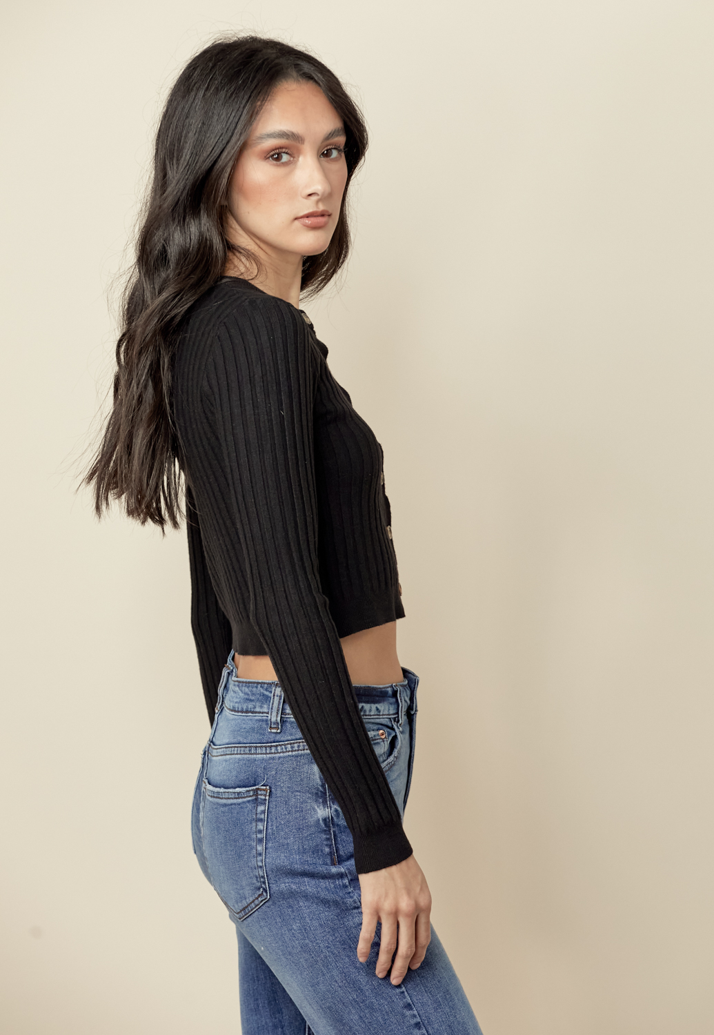 Ribbed Button Up Long Sleeve Top