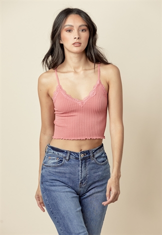 Lace Trim Ribbed Crop Top 