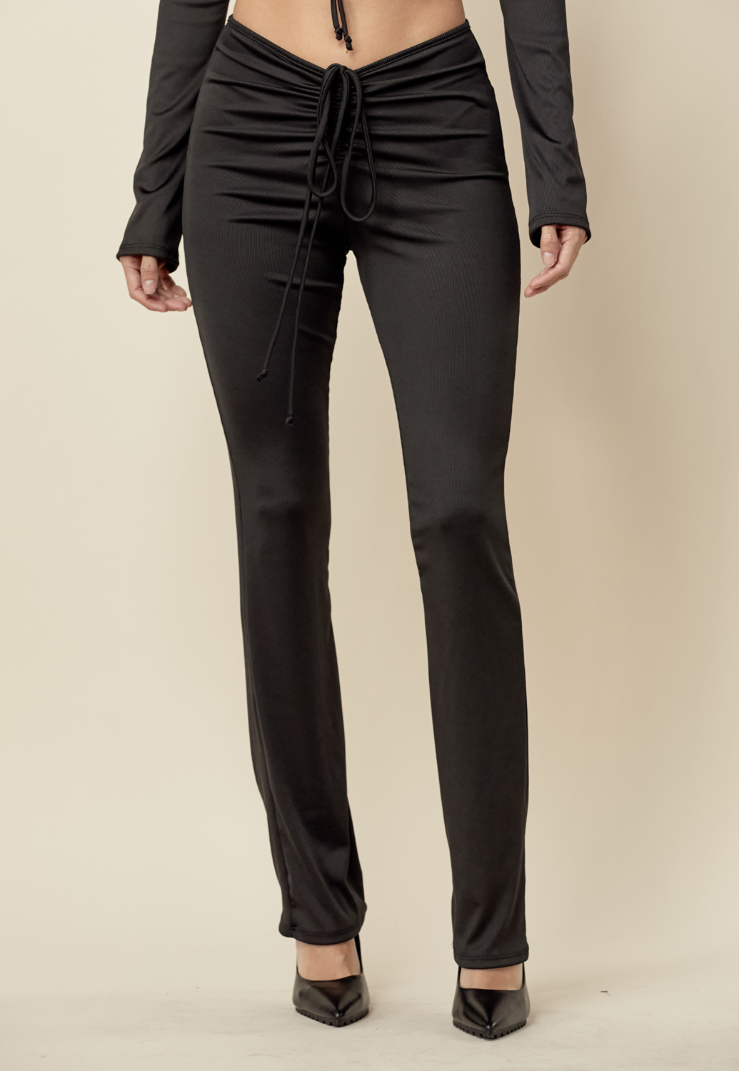 Ribbed Ruched Detail Flare Pants