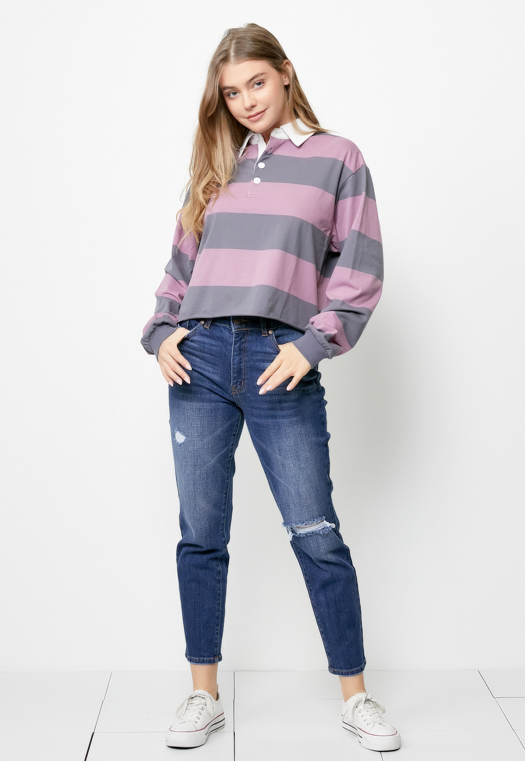 Striped Collared Sweatshirt 