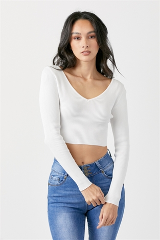 Long Sleeve Wide V-Neck Cropped Top 