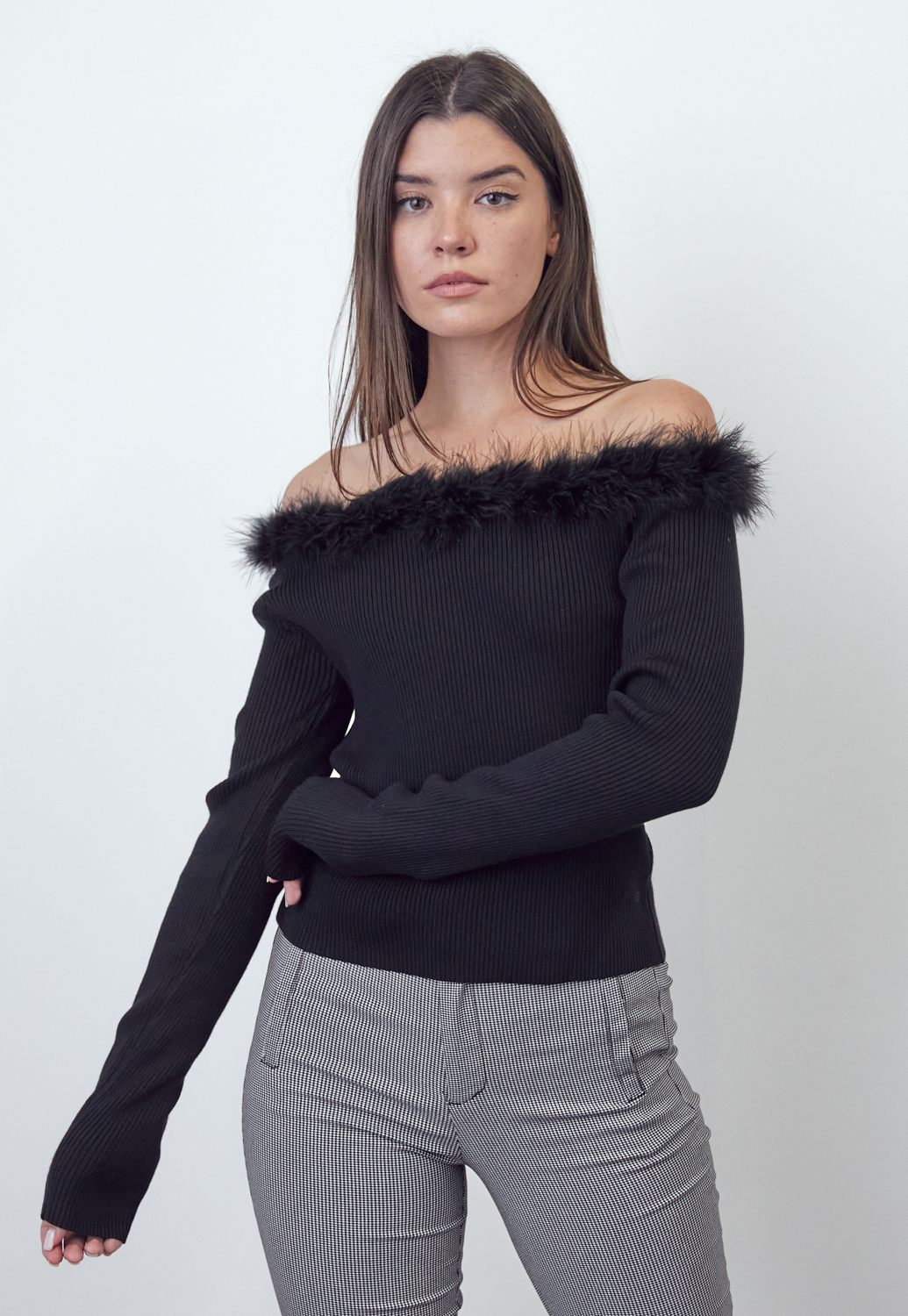 Off The Shoulder Feather Trim Top 