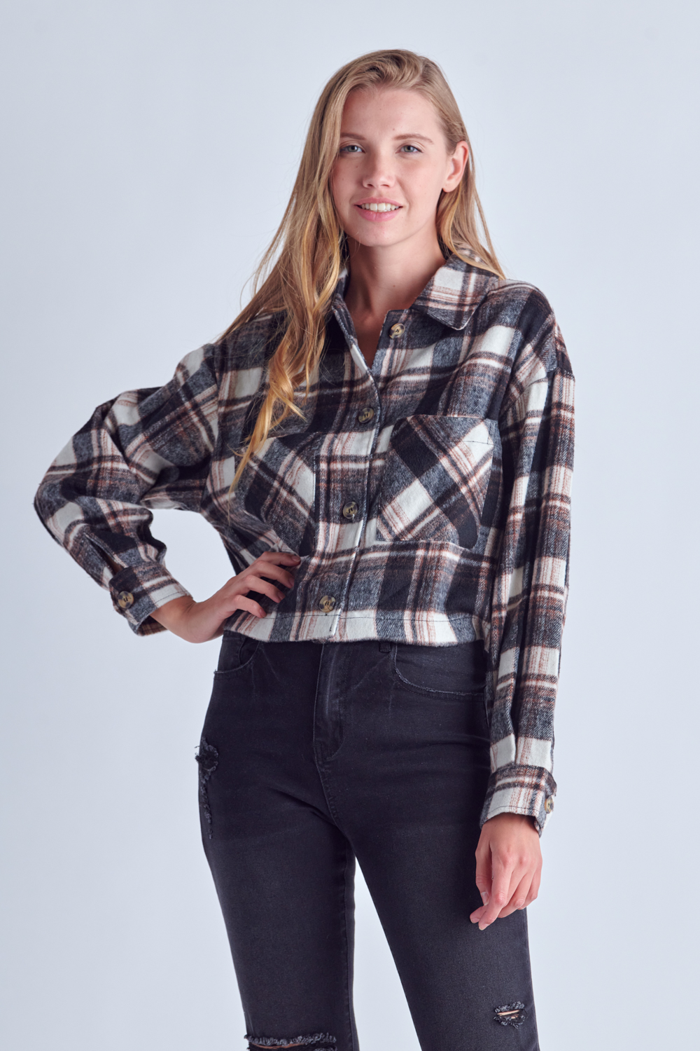 Plaid Button Up Cropped Shacket