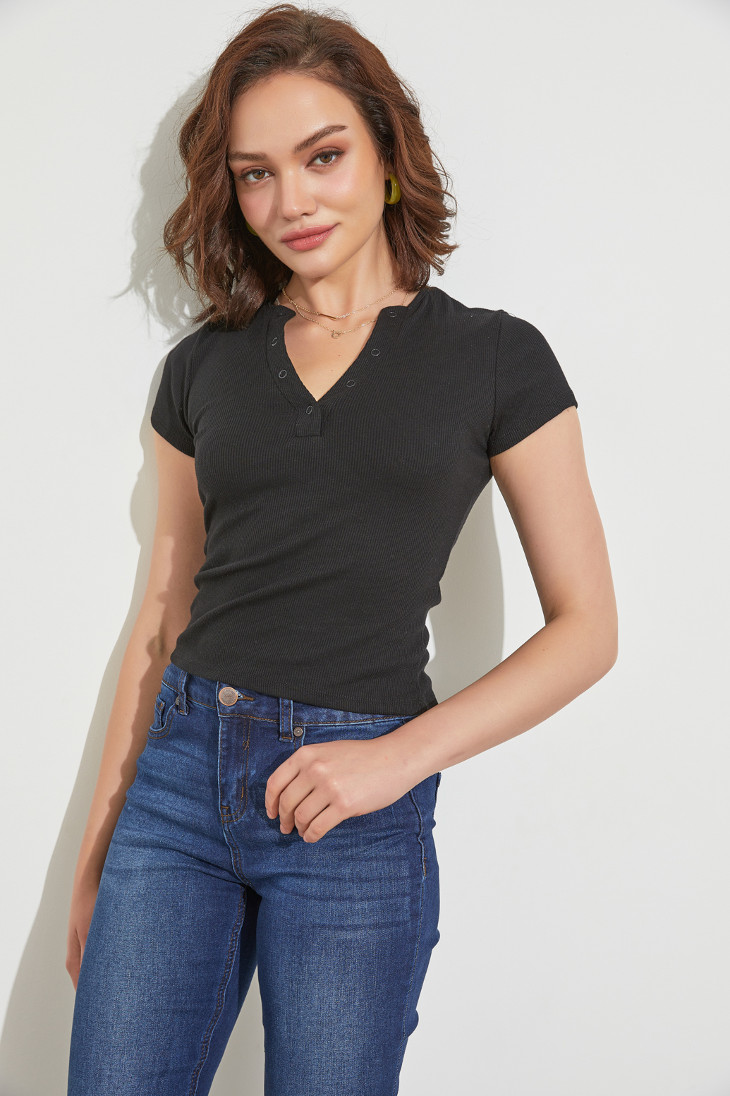 Notched Neck Ribbed Top 
